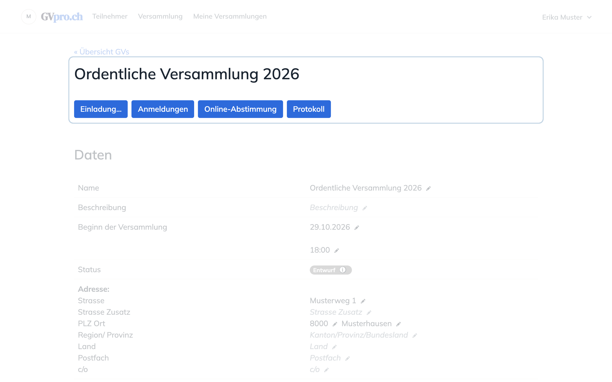 Seite einer Versammlung mit den Schaltflächen Einladung, Anmeldungen, Online-Abstimmung und Protokoll