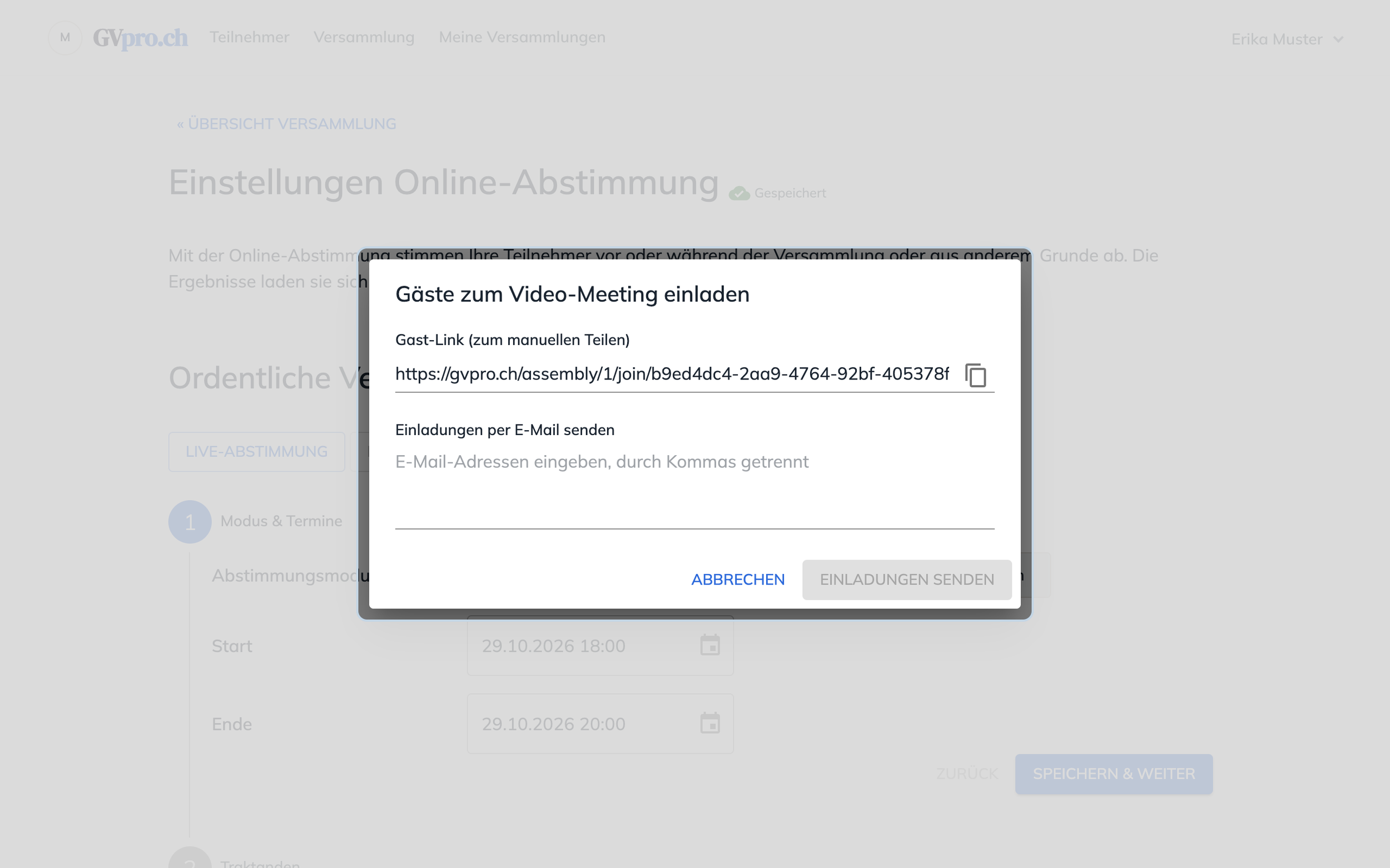 Dialog Gäste zum Video-Meeting einladen mit Gast-Link und E-Mail-Feld