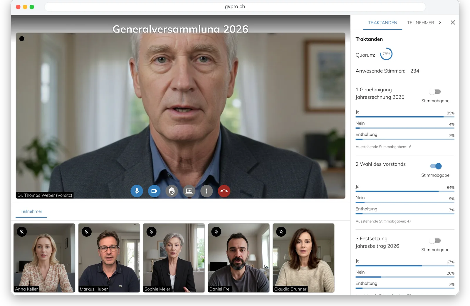 Video-Versammlung in GVpro.ch mit Traktandenliste, Quorum und laufender Abstimmung