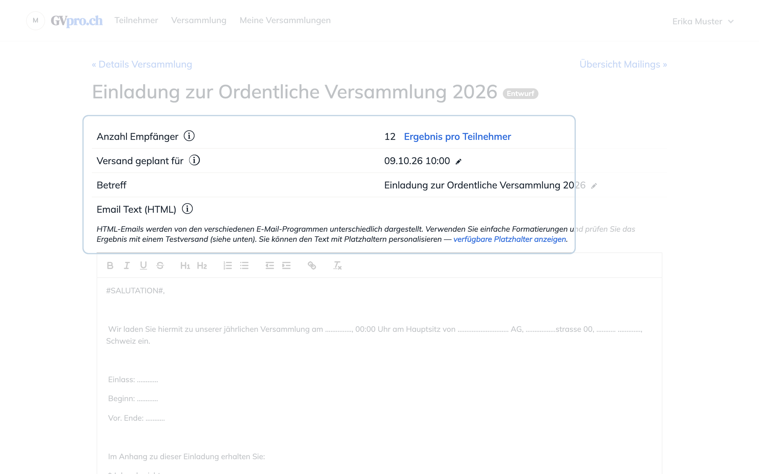 Einladung mit Anzahl Empfänger, geplantem Versand, Betreff und E-Mail-Text