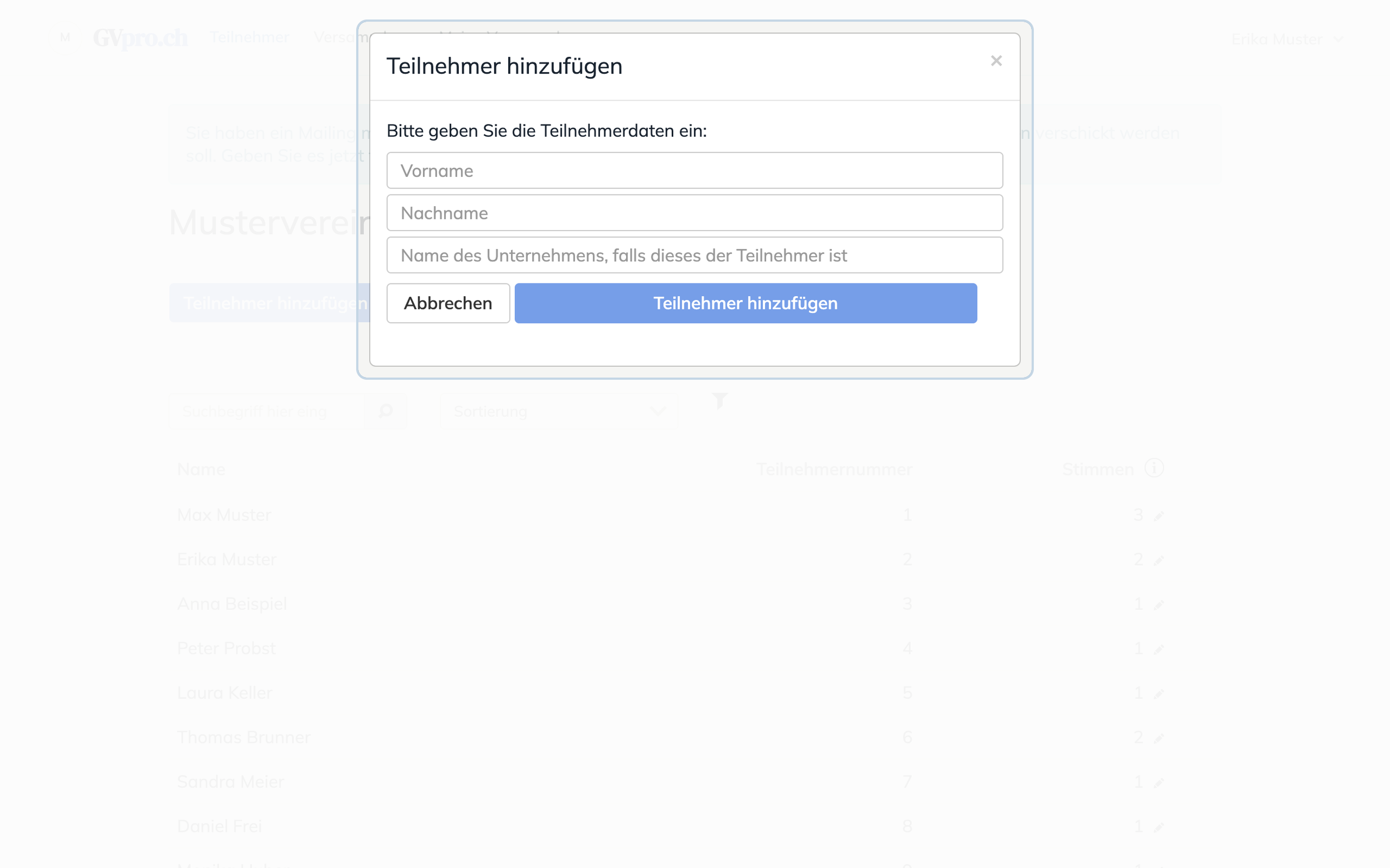 Formular «Teilnehmer hinzufügen» mit Vorname, Nachname und Name des Unternehmens