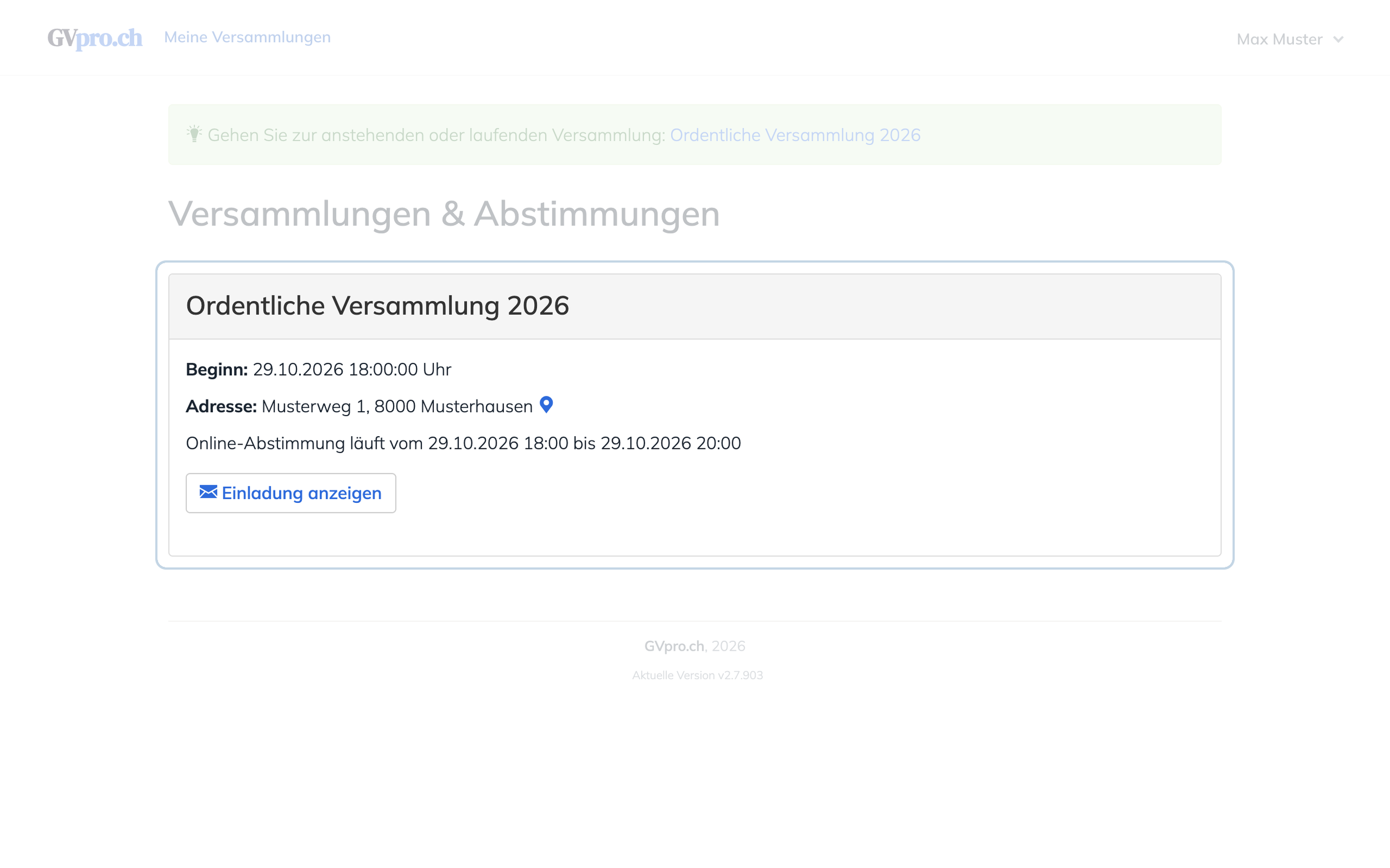 Übersicht Meine Versammlungen mit der Versammlung, Datum, Adresse und Abstimmungszeitraum