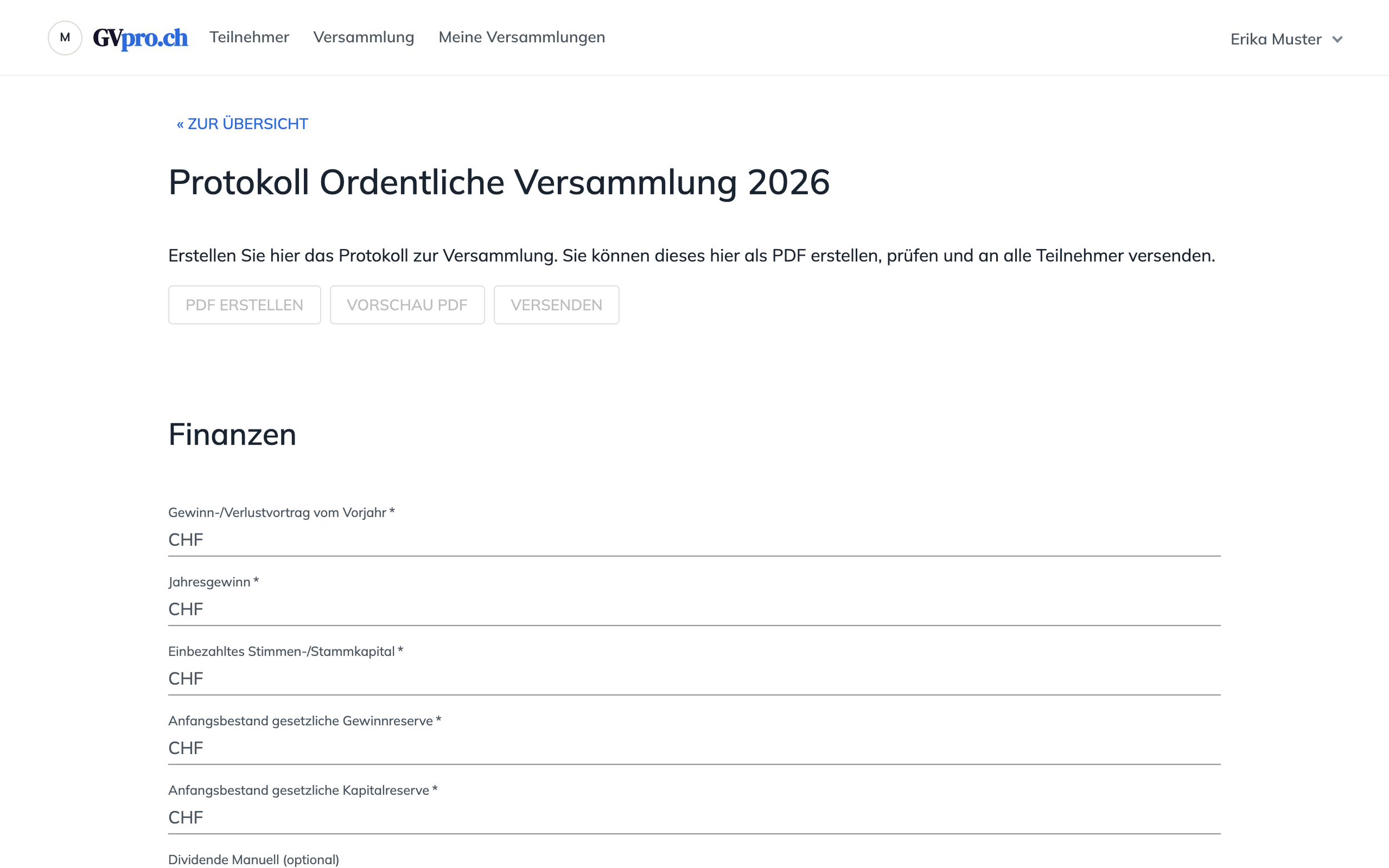 Protokoll mit den Schaltflächen PDF Erstellen, Vorschau PDF und Versenden sowie dem Bereich Finanzen
