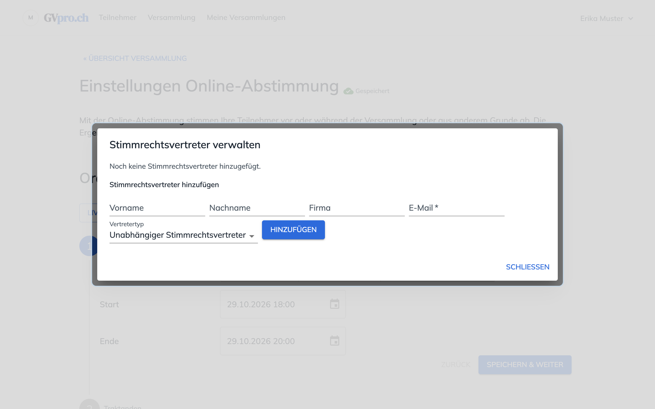 Dialog Stimmrechtsvertreter verwalten mit den Feldern Vorname, Nachname, Firma, E-Mail und Vertretertyp