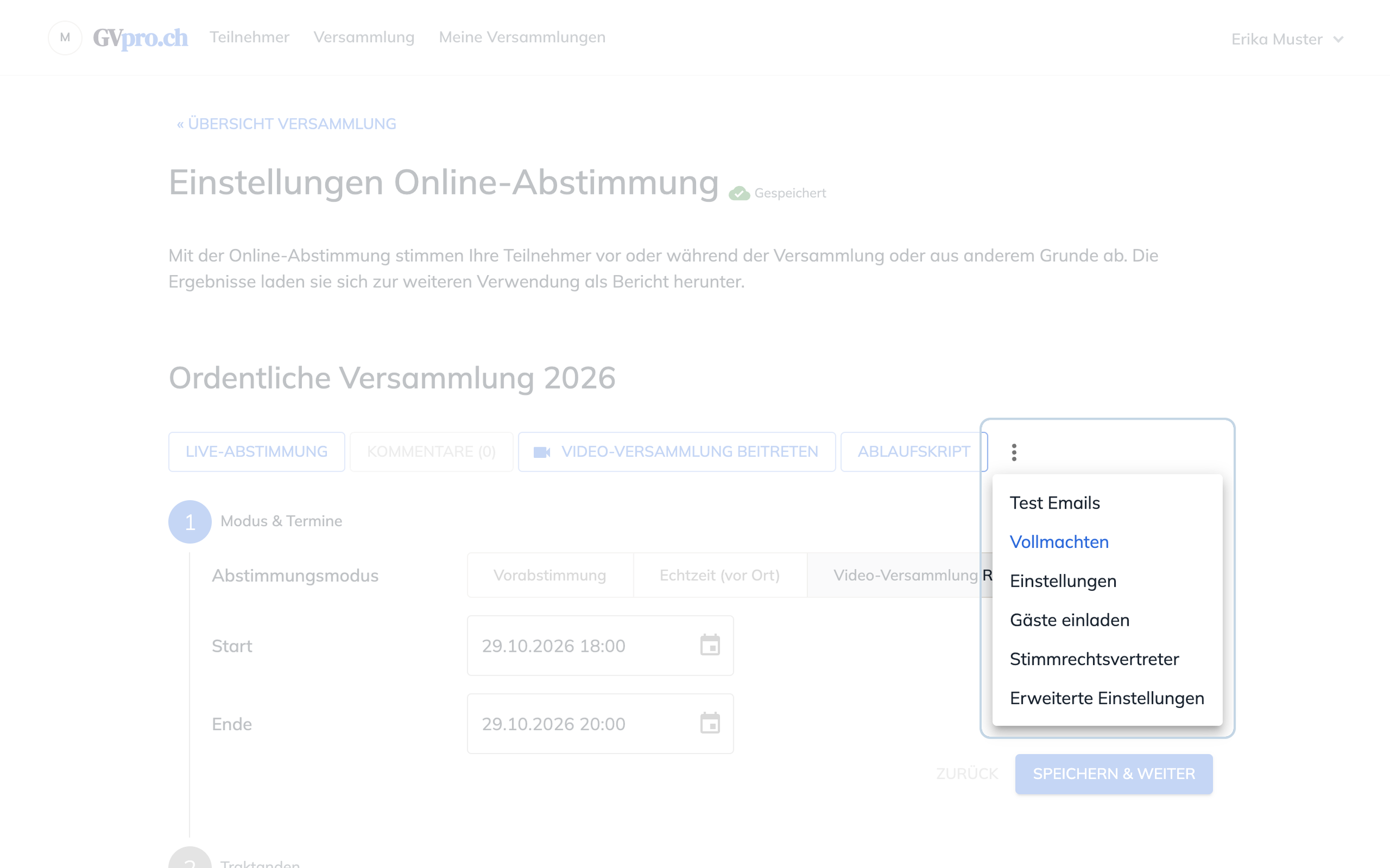 Menü der Online-Abstimmung mit Test Emails, Vollmachten, Einstellungen, Gäste einladen und Stimmrechtsvertreter