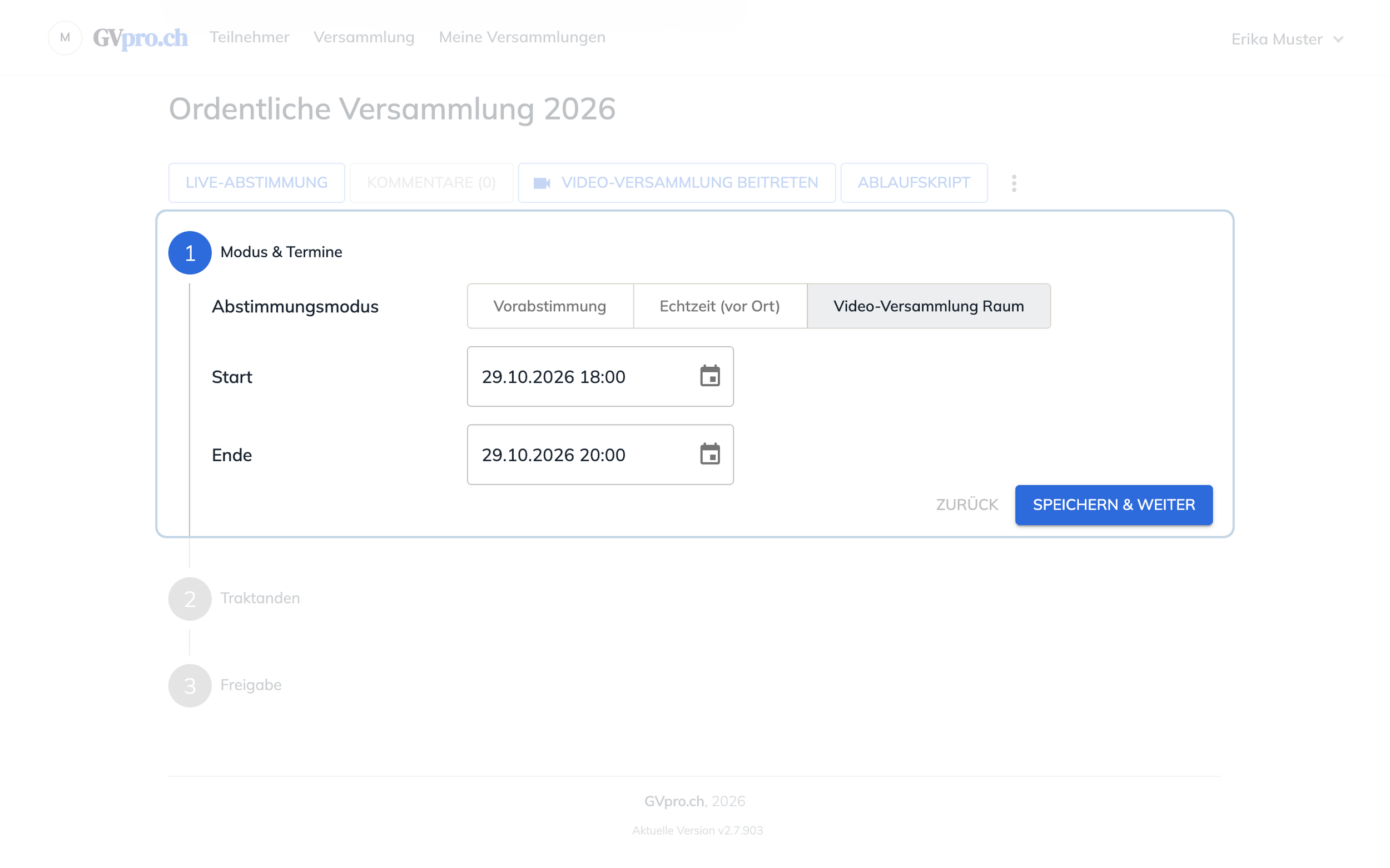 Schritt Modus & Termine mit den drei Abstimmungsmodi und den Feldern Start und Ende