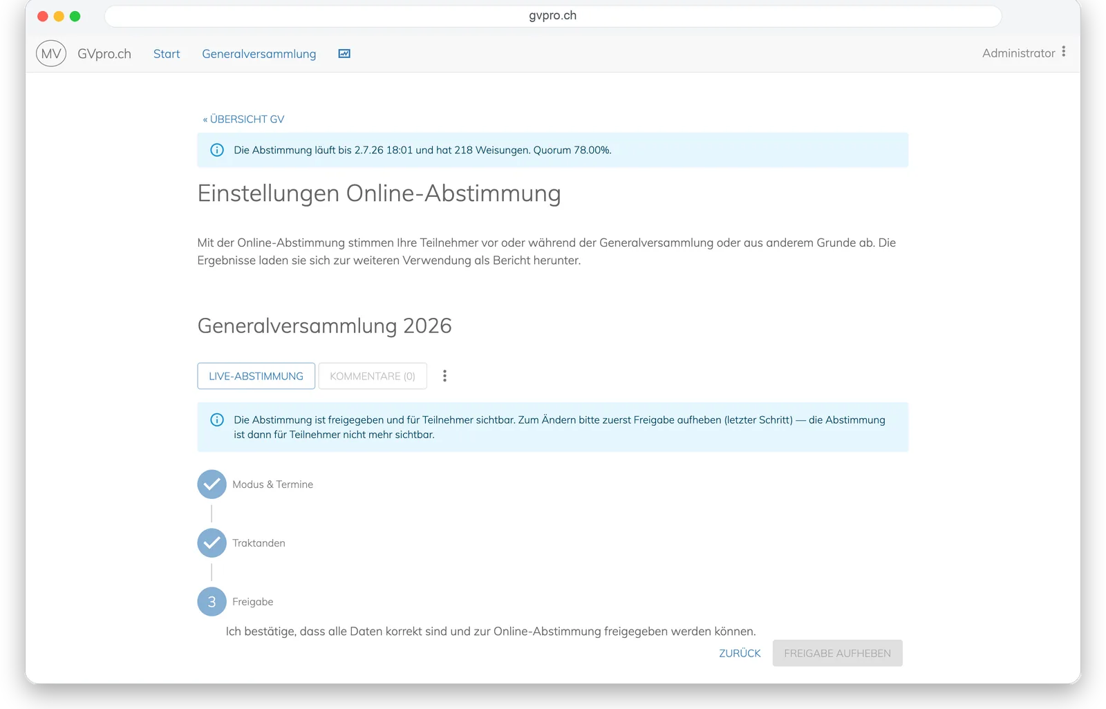 Organisator-Ansicht: Online-Abstimmung einrichten mit Modus, Traktanden und Freigabe
