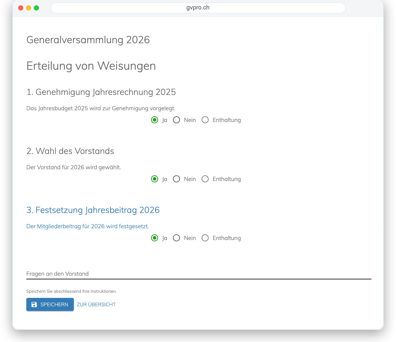 Teilnehmer-Ansicht: Weisungen vorab pro Traktandum online erteilen (Ja/Nein/Enthaltung)