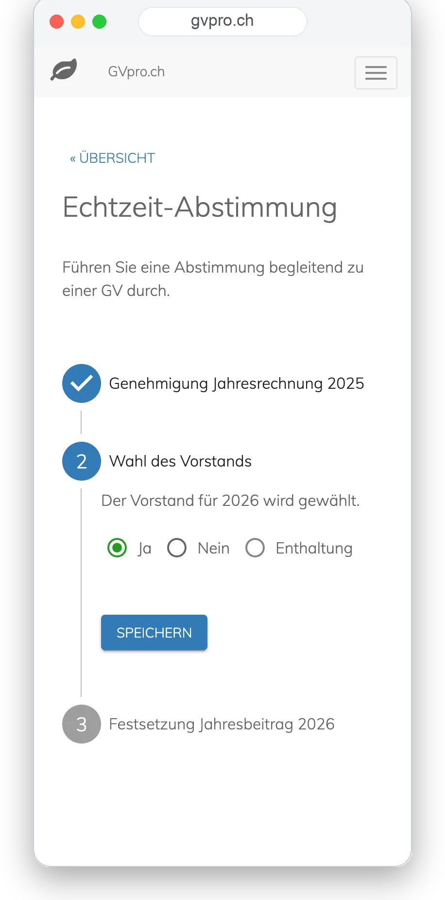 Teilnehmer-Ansicht auf dem Handy: im Saal pro Traktandum abstimmen